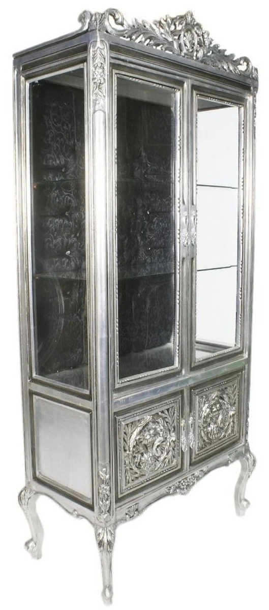 Casa Padrino Barock Vitrine Silber / Schwarz 100 x 40 x H. 170 cm - Prunkvoller Barock Vitrinenschrank mit 2 Glastüren wunderschönen Verzierungen und Glitzersteinen