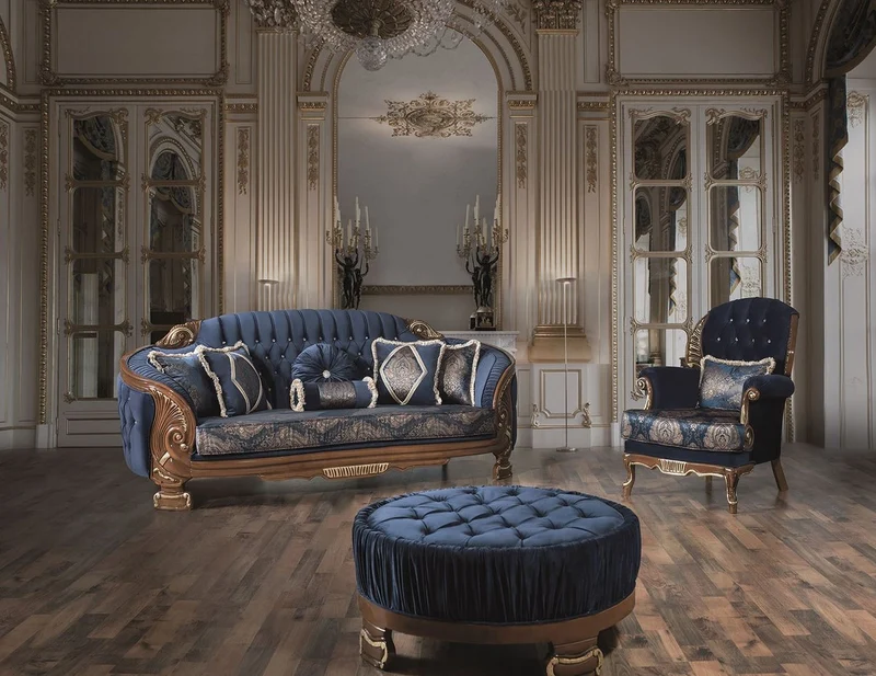Casa Padrino Luxus Barock Couchtisch Blau / Braun Ø 100 x H. 50 cm - Runder Wohnzimmertisch mit edelem Samtstoff und Glitzersteinen - Barock Möbel