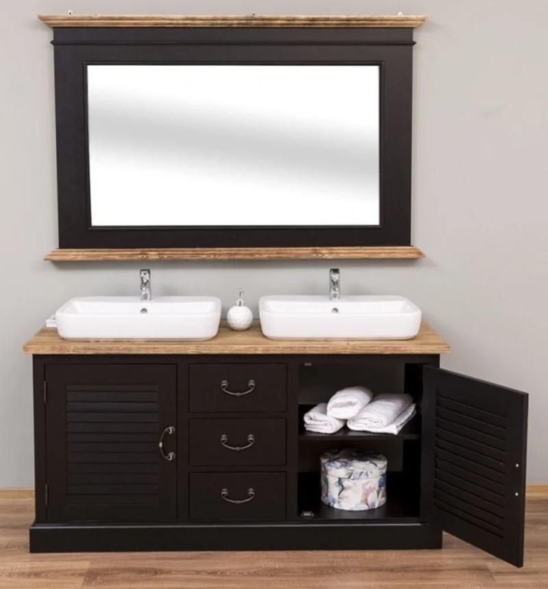 Casa Padrino Landhausstil Badezimmer Set Schwarz / Naturfarben - 1 Doppelwaschtisch & 1 Wandspiegel - Landhausstil Badezimmer Möbel