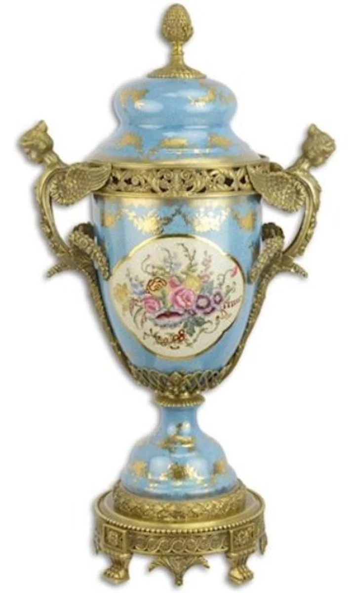 Casa Padrino Barock Porzellan Vase mit Deckel Hellblau / Mehrfarbig / Messingfarben 36 x 21,4 x H. 65,3 cm - Prunkvolle Deko Blumenvase - Deko Accessoires im Barockstil