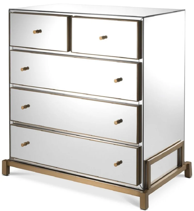 Casa Padrino Luxus Spiegelglas Kommode mit 5 Schubladen Messingfarben 88,5 x 52 x H. 87,5 cm - Verspiegelter Schlafzimmer Schrank - Schlafzimmer Möbel