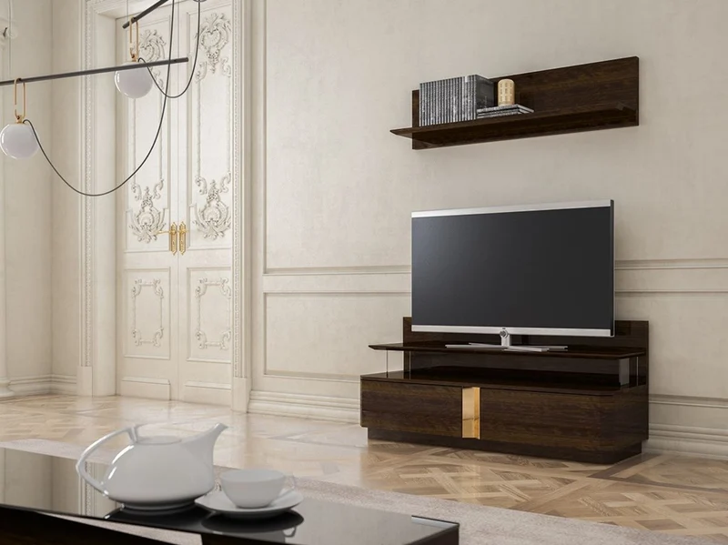Casa Padrino Luxus Wohnzimmer TV Schrank Set Braun / Gold - 1 TV Schrank & 1 Wandregal - Edles Wohnzimmer Möbel Set - Luxus Qualität