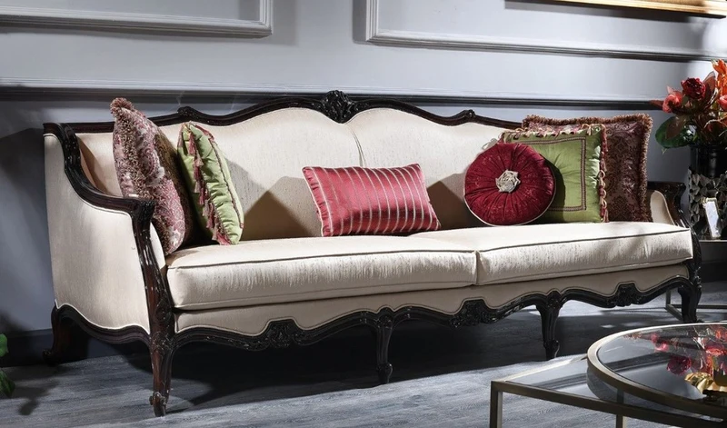 Casa Padrino Luxus Barock Sofa Creme / Braun 260 x 90 x H. 95 cm - Wohnzimmer Sofa im Barockstil - Barock Möbel