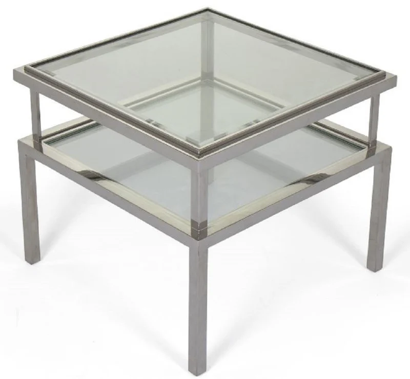 Casa Padrino Luxus Beistelltisch Silber 65 x 65 x H. 55 cm - Moderner Tisch mit gehärteten Glasplatten und Edelstahl Gestell - Wohnzimmer Möbel