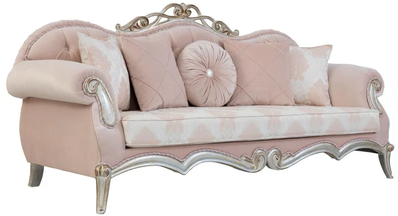 Casa Padrino Luxus Barock Wohnzimmer Set Rosa / Silber / Gold - 2 Sofas mit Kissen & 2 Sessel & 1 Couchtisch - Wohnzimmermöbel im Barockstil - Edle Barock Möbel