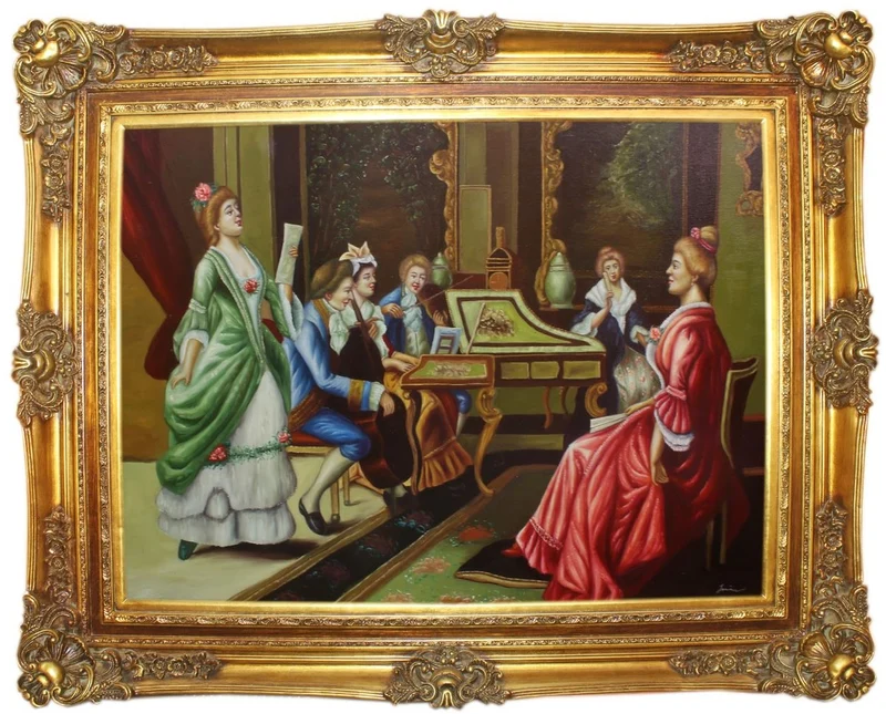 Casa Padrino Barock Ölgemälde Das Konzert Mehrfarbig / Gold 160 x 10 x H. 130 cm - Handgemaltes Gemälde mit prunkvollem Rahmen im Barockstil - Deko im Barockstil