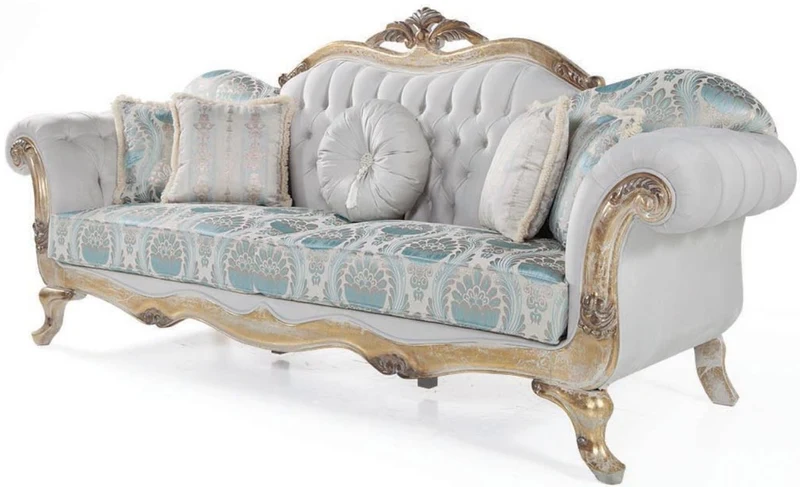 Casa Padrino Luxus Barock Wohnzimmer Set Grau / Türkis / Antik Gold - 2 Sofas & 2 Sessel & 1 Couchtisch - Wohnzimmer Möbel im Barockstil - Edel & Prunkvoll