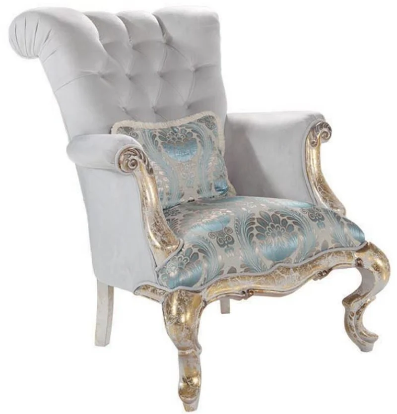 Casa Padrino Luxus Barock Wohnzimmer Set Grau / Türkis / Antik Gold - 2 Sofas & 2 Sessel & 1 Couchtisch - Wohnzimmer Möbel im Barockstil - Edel & Prunkvoll