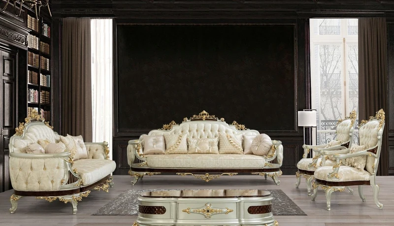 Casa Padrino Luxus Barock Wohnzimmer Set Creme / Beige / Dunkelbraun / Silber / Gold - 2 Sofas & 2 Sessel & 1 Couchtisch - Wohnzimmermöbel im Barockstil - Edel & Prunkvoll