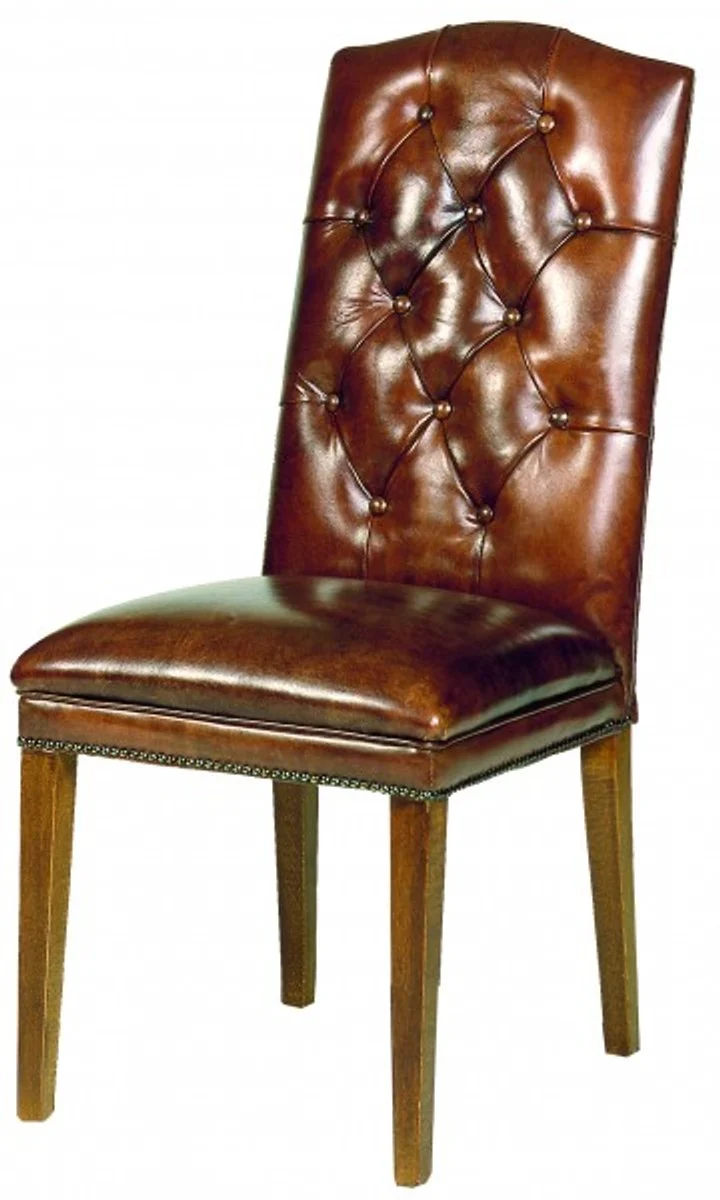 Casa Padrino Designer Chesterfield Esszimmer Stuhl Braun Leder / Braun - Höhe 103 cm / Breite 48 cm / Tiefe 69 cm