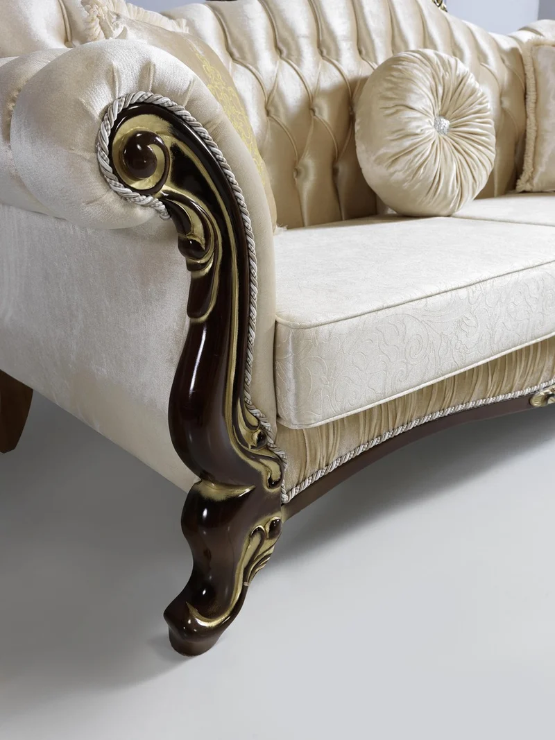 Casa Padrino Barock Wohnzimmer Set Champagnerfarben / Schwarz / Gold - 2 Sofas & 2 Sessel & 1 Couchtisch - Wohnzimmer Möbel - Edel & Prunkvoll