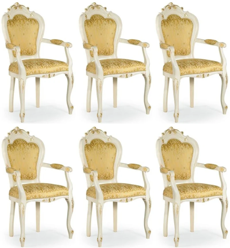 Casa Padrino Luxus Barock Esszimmer Stuhl Set mit Armlehnen Gold / Weiß / Gold 58 x 50 x H. 103 cm - Barock Küchen Stühle 6er Set - Esszimmer Möbel im Barockstil