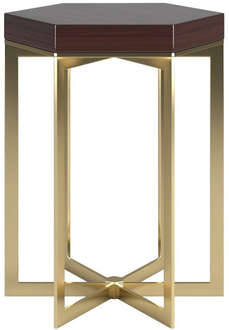Casa Padrino Designer Beistelltisch Dunkelbraun Hochglanz / Gold 50 x 50 x H. 65 cm - Edler 6-eckiger Tisch mit Massivholz Tischplatte und Edelstahl Gestell - Luxus Qualität