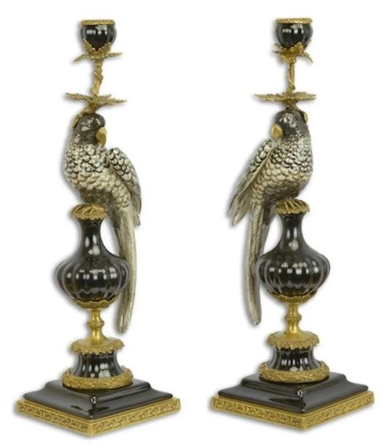Casa Padrino Jugendstil Kerzenhalter Set Papagei Schwarz / Gold 16,1 x 12,8 x H. 48 cm - Elegante Porzellan Kerzenständer - Barock & Jugendstil Deko Accessoires