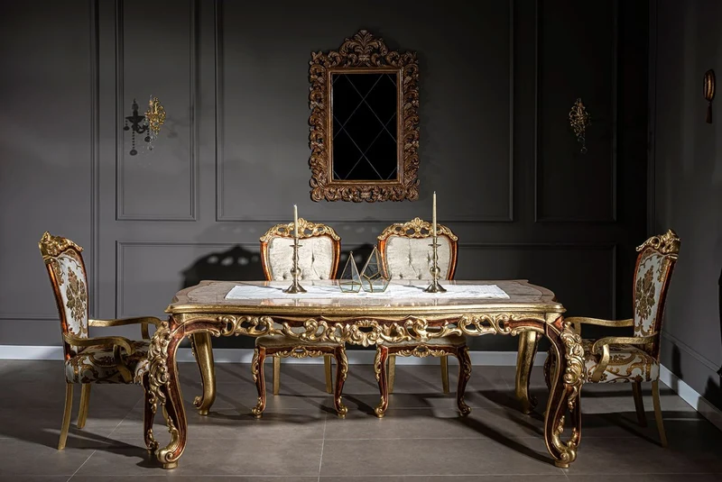 Casa Padrino Luxus Barock Esszimmer Set Weiß / Gold / Braun / Gold - 1 Esszimmertisch & 6 Esszimmerstühle - Edle Esszimmer Möbel im Barockstil - Edel & Prunkvoll