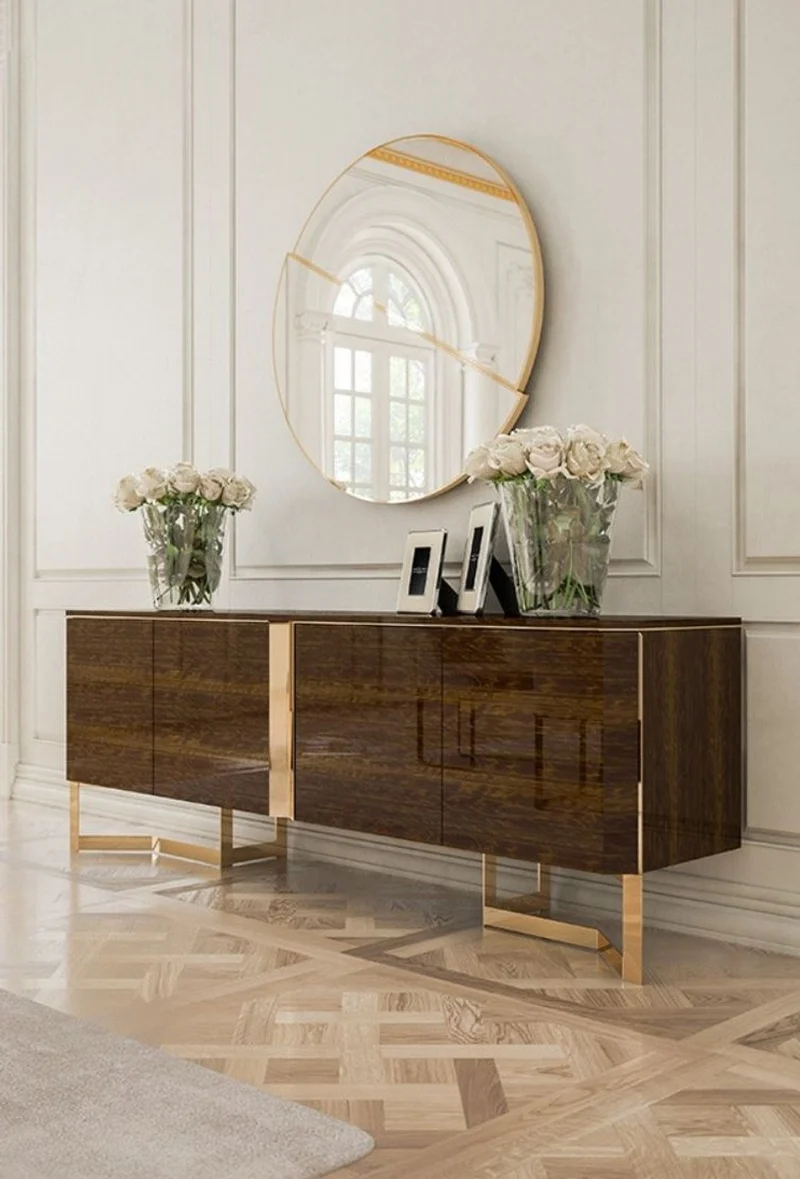 Casa Padrino Luxus Wohnzimmer Set Braun / Gold - 1 Sideboard & 1 Wandspiegel - Wohnzimmer Schrank mit Spiegel - Wohnzimmer Möbel - Luxus Qualität