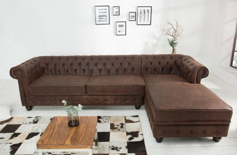 Casa Padrino Chesterfield Ecksofa Vintage Braun 280 x 165 x H. 73 cm - Kunstleder Wohnzimmer Sofa - Chesterfield Möbel