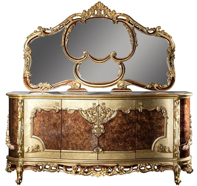 Casa Padrino Luxus Barock Möbel Set Sideboard mit Spiegel Creme / Beige / Braun / Gold - Prunkvoller Massivholz Schrank mit Wandspiegel - Edle Möbel im Barockstil - Luxus Qualität