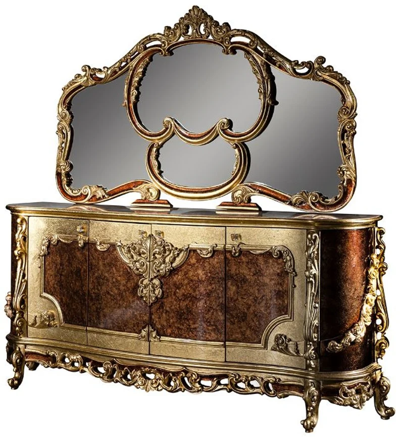 Casa Padrino Luxus Barock Möbel Set Sideboard mit Spiegel Creme / Beige / Braun / Gold - Prunkvoller Massivholz Schrank mit Wandspiegel - Edle Möbel im Barockstil - Luxus Qualität