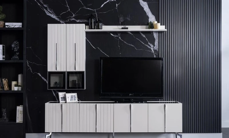 Casa Padrino Luxus Art Deco TV Schrank Weiß / Schwarz / Silber 208 x 44 x H. 64 cm - Edler Wohnzimmer Fernsehschrank mit 4 Türen - Art Deco Möbel