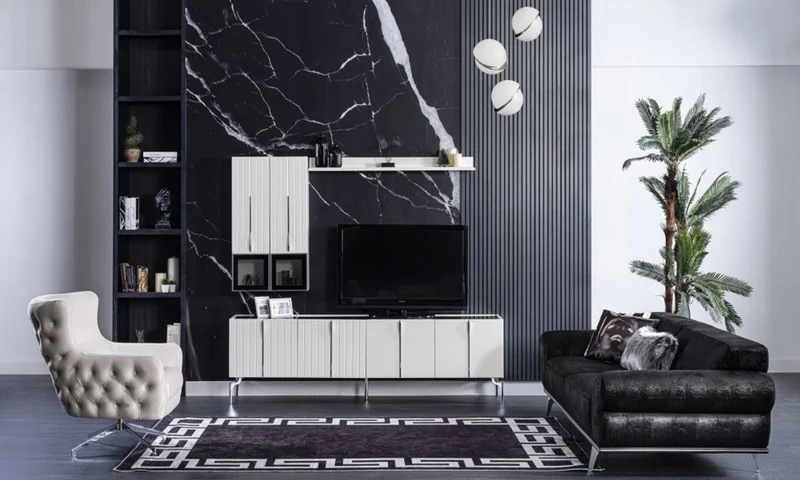 Casa Padrino Luxus Art Deco TV Schrank Weiß / Schwarz / Silber 208 x 44 x H. 64 cm - Edler Wohnzimmer Fernsehschrank mit 4 Türen - Art Deco Möbel