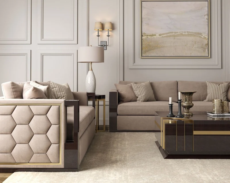 Casa Padrino Luxus Art Deco Samt Sofa Beige / Dunkelbraun Hochglanz / Gold 245 x 95 x H. 75 cm - Edles Wohnzimmer Sofa - Luxus Qualität