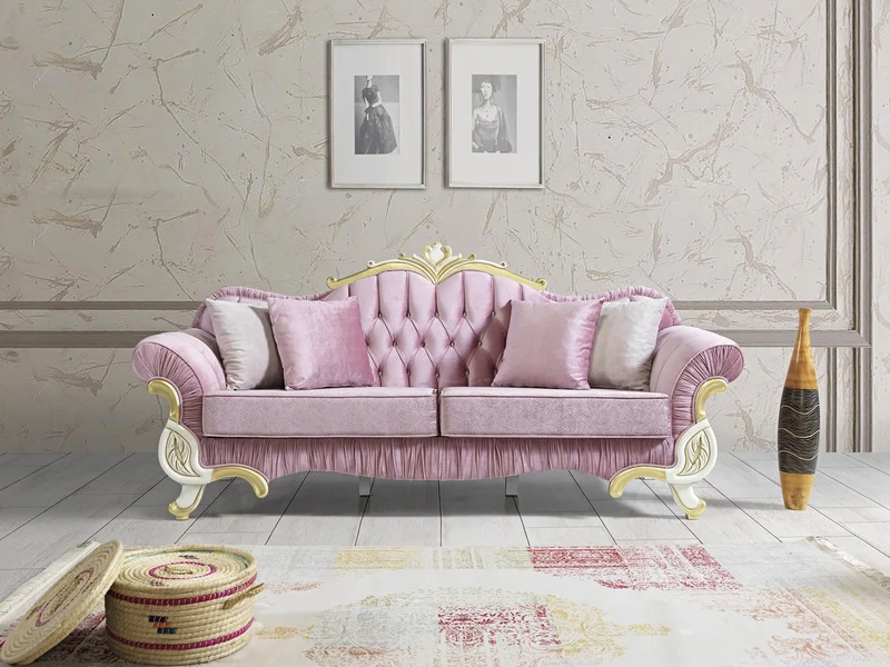Casa Padrino Barock Wohnzimmer Set Rosa / Weiß / Gold - 2 Sofas & 2 Sessel & 1 Couchtisch - Wohnzimmer Möbel im Barockstil - Edle Barock Möbel