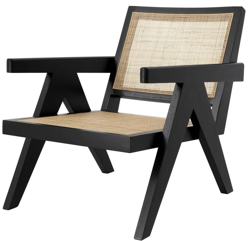 Casa Padrino Designer Stuhl Schwarz / Naturfarben 58 x 82 x H. 70 cm - Massivholz Stuhl mit Armlehnen und handgewebtem Rattangeflecht - Luxus Wohnzimmer Möbel