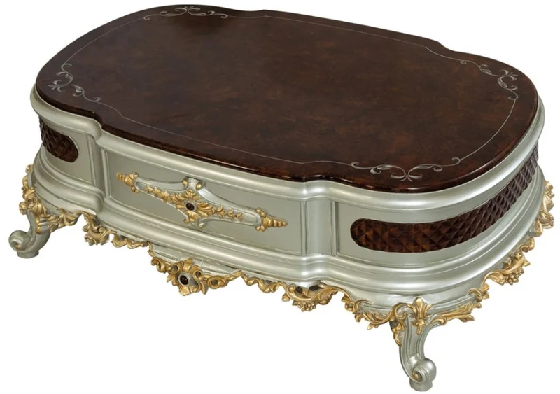 Casa Padrino Luxus Barock Couchtisch Dunkelbraun / Silber / Gold 132 x 95 x H. 50 cm - Prunkvoller Massivholz Wohnzimmertisch - Barock Möbel