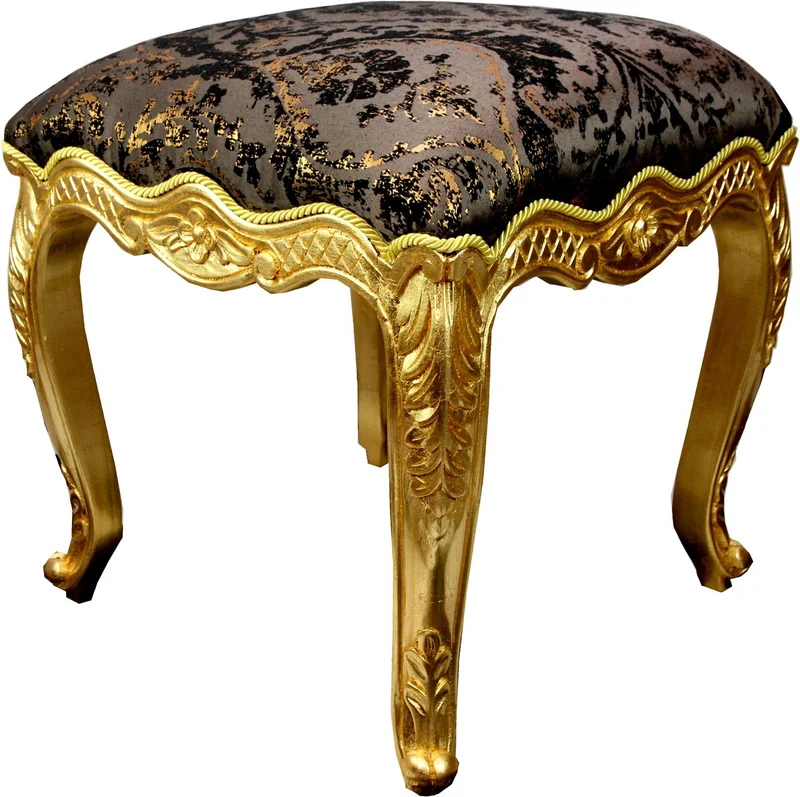 Pompöös by Casa Padrino Luxus Barock Sitzhocker Eckig Grau / Schwarz Muster / Gold - Pompööser Barock Hocker designed by Harald Glööckler