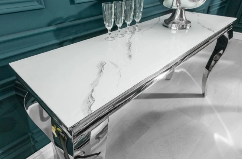 Casa Padrino Designer Konsole Weiß / Grau / Silber 145 x 50 x H. 75 cm - Rechteckiger Edelstahl Konsolentisch mit digitalbedrucktem Sicherheitsglas in Marmoroptik - Moderne Barock Möbel