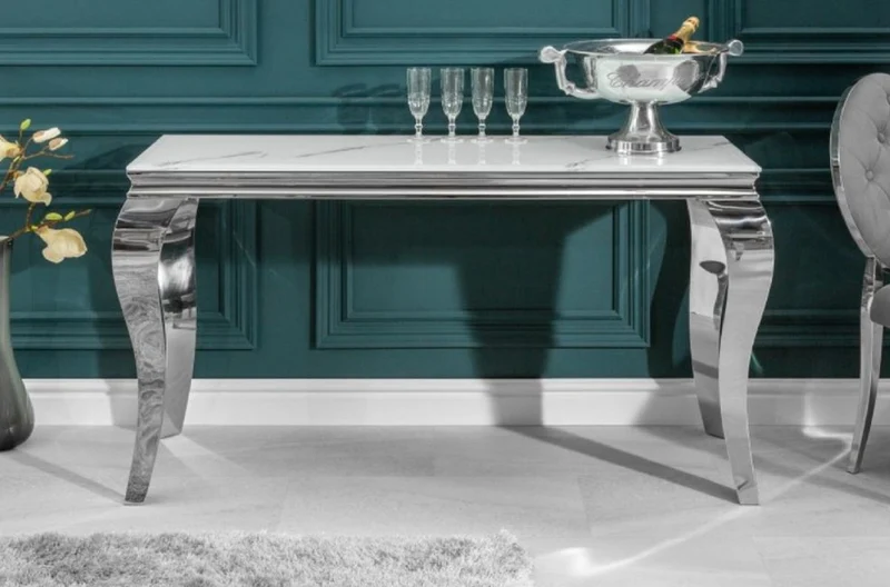 Casa Padrino Designer Konsole Weiß / Grau / Silber 145 x 50 x H. 75 cm - Rechteckiger Edelstahl Konsolentisch mit digitalbedrucktem Sicherheitsglas in Marmoroptik - Moderne Barock Möbel