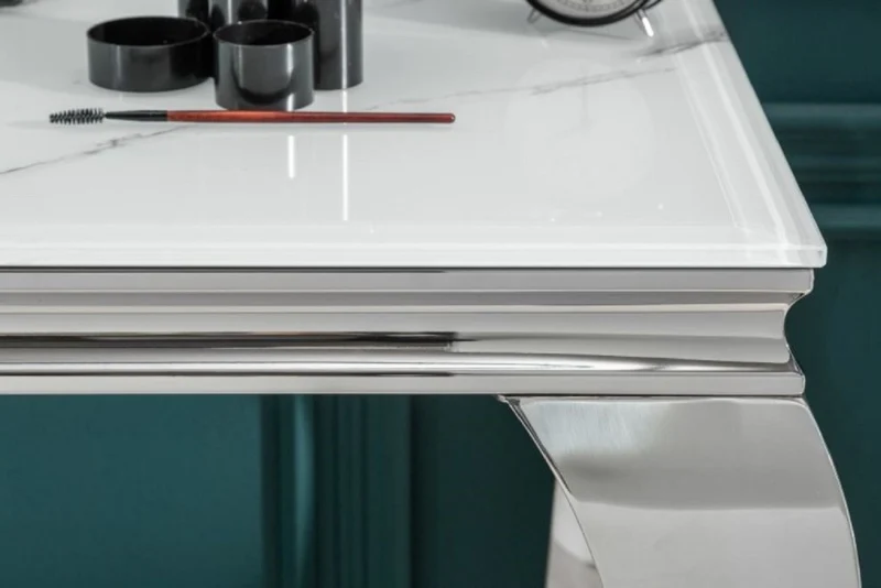 Casa Padrino Designer Konsole Weiß / Grau / Silber 145 x 50 x H. 75 cm - Rechteckiger Edelstahl Konsolentisch mit digitalbedrucktem Sicherheitsglas in Marmoroptik - Moderne Barock Möbel