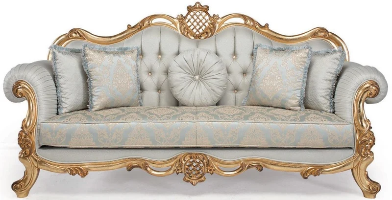 Casa Padrino Luxus Barock Wohnzimmer Sofa mit dekorativen Kissen Hellblau / Türkis / Gold 222 x 82 x H. 120 cm - Barock Wohnzimmermöbel