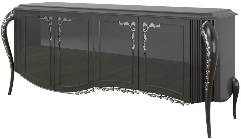Casa Padrino Luxus Barock Sideboard Schwarz / Silber 218 x 56 x H. 94 cm - Edler Wohnzimmer Schrank mit 4 Türen - Barock Möbel
