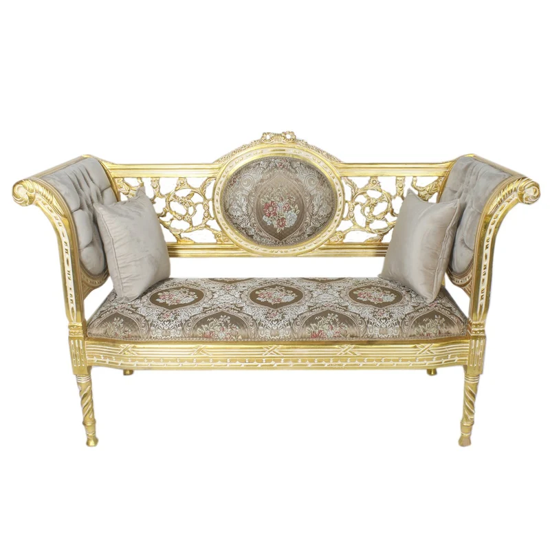 Casa Padrino Barock Sitzbank Grau Creme Muster / Gold 155 x 50 x H. 70 cm - Antikstil Sitzbank
