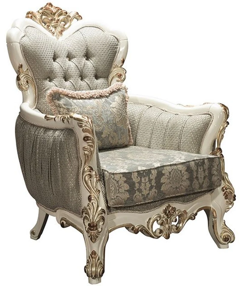Casa Padrino Luxus Barock Wohnzimmer Sessel Grau / Weiß / Gold 90 x 85 x H. 115 cm - Prunkvoller Sessel mit Glitzersteinen und dekorativem Kissen - Edle Barockmöbel