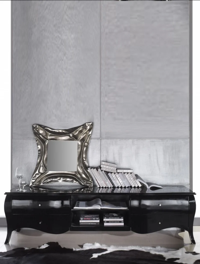 Casa Padrino Luxus Neo Barock TV Kommode Schwarz Hochglanz 220 x 53 x 53 cm - Neobarock Fernsehschrank Sideboard