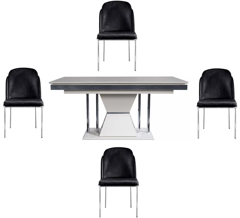 Casa Padrino Luxus Art Deco Esszimmer Set Schwarz / Weiß / Grau / Silber - 1 Esszimmertisch & 4 Esszimmerstühle - Edle Art Deco Esszimmer Möbel