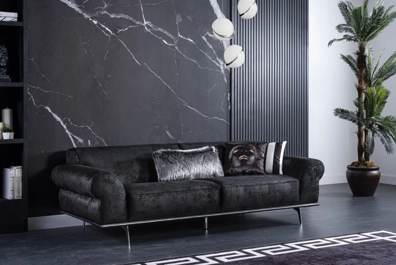 Casa Padrino Luxus Art Deco Wohnzimmer Sofa Schwarz / Silber 240 x 95 x H. 63 cm - Luxus Wohnzimmer Möbel