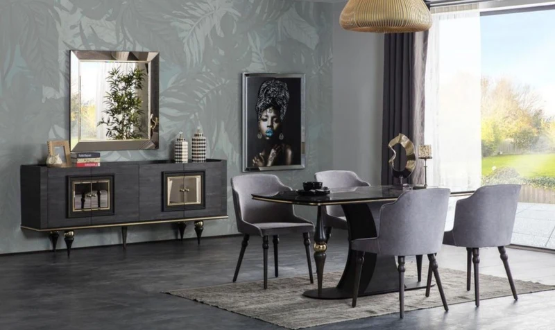 Casa Padrino Luxus Art Deco Esstisch Grau / Schwarz / Messingfarben 183 x 92 x H. 77 cm - Edler Esszimmertisch mit Glasplatte in Marmoroptik - Art Deco Esszimmer Möbel