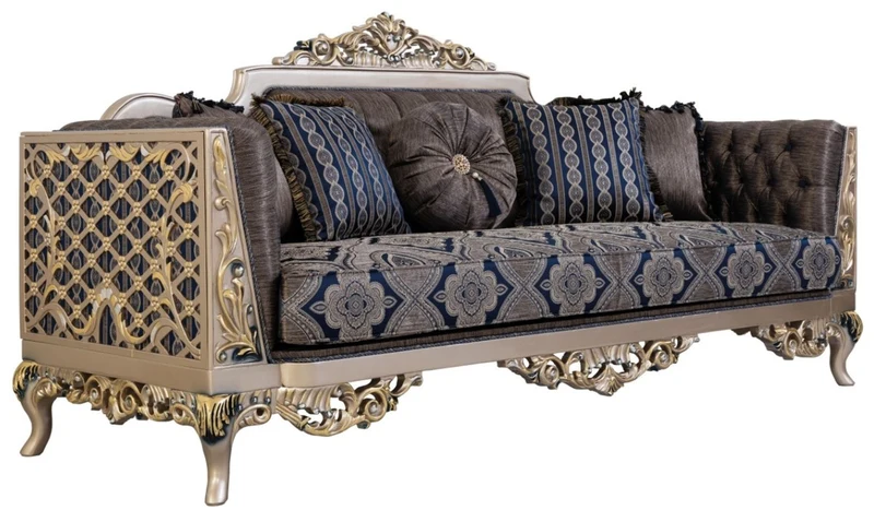 Casa Padrino Luxus Barock Sofa mit dekorativen Kissen Blau / Silber / Gold 226 x 90 x H. 110 cm - Barock Wohnzimmer Möbel
