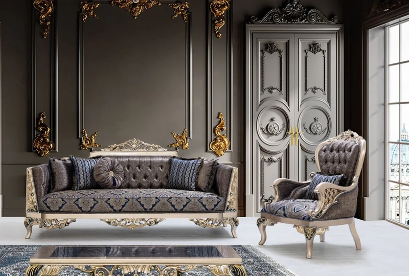 Casa Padrino Luxus Barock Sofa mit dekorativen Kissen Blau / Silber / Gold 226 x 90 x H. 110 cm - Barock Wohnzimmer Möbel