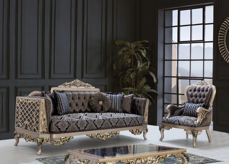 Casa Padrino Luxus Barock Sofa mit dekorativen Kissen Blau / Silber / Gold 226 x 90 x H. 110 cm - Barock Wohnzimmer Möbel
