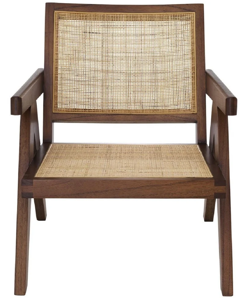 Casa Padrino Designer Stuhl Braun / Naturfarben 58 x 82 x H. 70 cm - Massivholz Stuhl mit Armlehnen und handgewebtem Rattangeflecht - Luxus Wohnzimmer Möbel