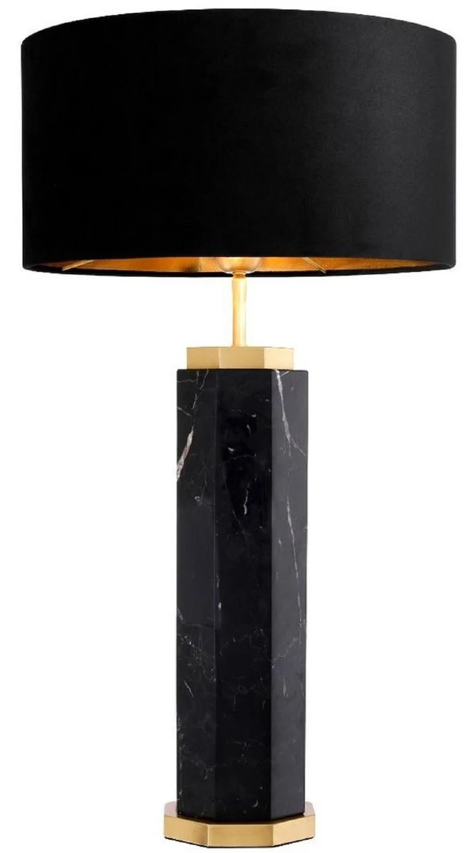 Casa Padrino Luxus Tischleuchte Schwarz / Antik Messing Ø 40 x H. 72,5 cm - Moderne Marmor Tischlampe mit rundem Lampenschirm - Luxus Qualität