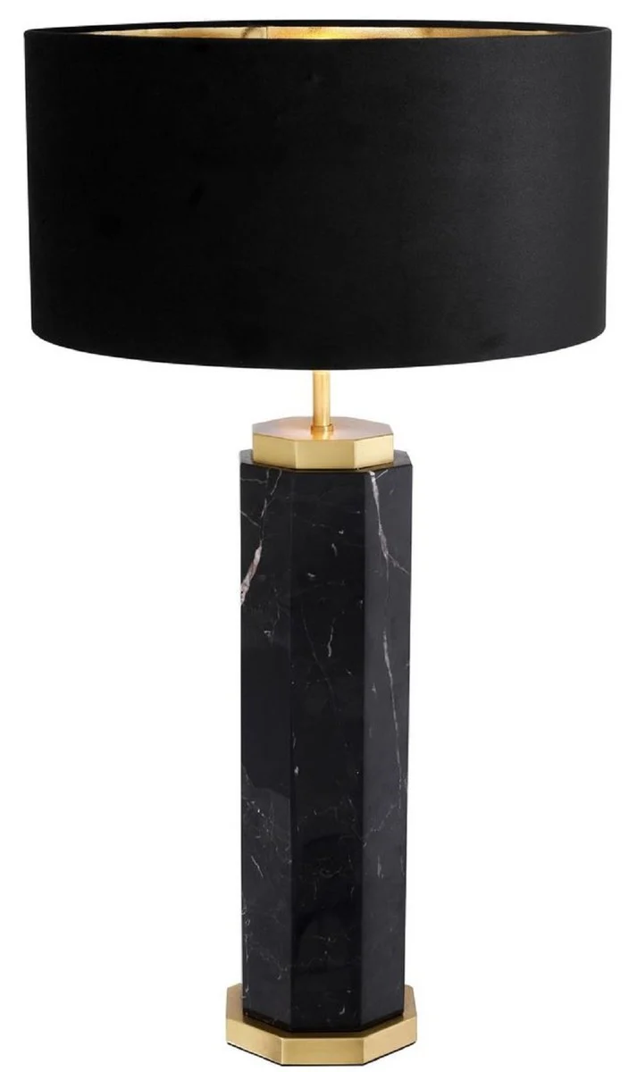 Casa Padrino Luxus Tischleuchte Schwarz / Antik Messing Ø 40 x H. 72,5 cm - Moderne Marmor Tischlampe mit rundem Lampenschirm - Luxus Qualität