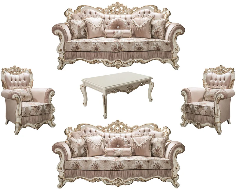 Casa Padrino Luxus Barock Wohnzimmer Set Rosa / Weiß / Gold - 2 Sofas & 2 Sessel & 1 Couchtisch - Prunkvolle Möbel im Barockstil