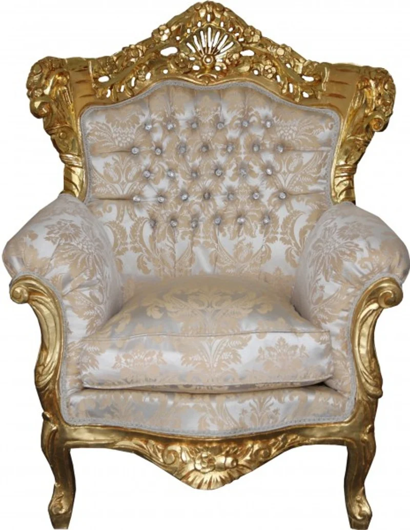 Casa Padrino Barock Sessel im Antik Stil - Creme mit Gold Muster und Glitzersteinen - 116 x 85 x 60 cm