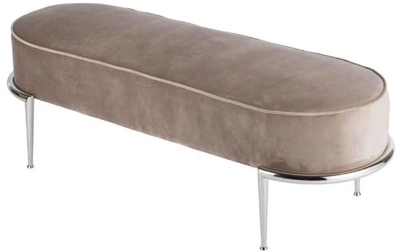 Casa Padrino Luxus Sitzbank Taupe / Silber 120 x 50 x H. 47 cm - Gepolsterte Samt Bank mit Edelstahl Gestell - Luxus Möbel